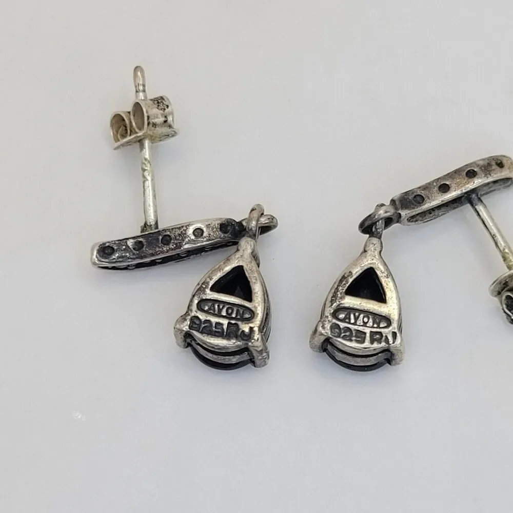 Vintage Avon RJ Black Onyx Stone and Marcasite 925 Sterling Silver Drop Earrings - Picture 4 of 6
